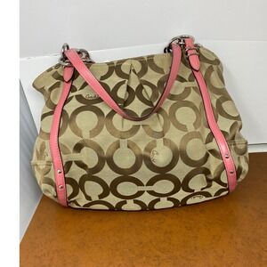 Coach Signature C Monogram Pink Leather Trim Tote Bag Purse